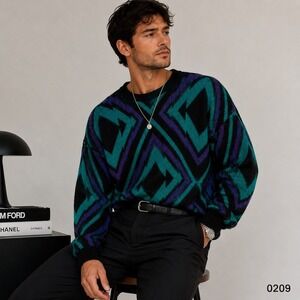 Colore 86 Vintage Made in Italy Wool Blend Geometric Knit Sweater Teal Purple L